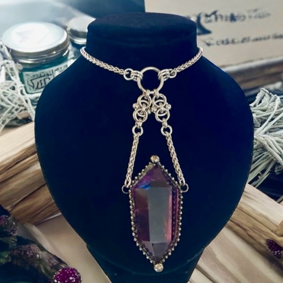 Natural big purple amethyst crystal gemstone boho goth maille steel necklace - Picture 3 of 16